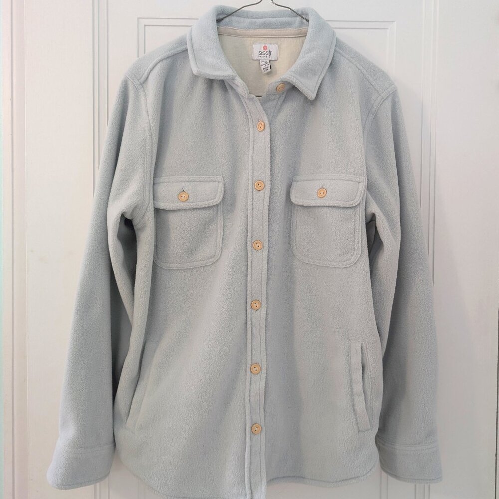 EUC SISSTREVOLUTION Fleece Flannel Jacket Button Down Shirt Blue Women's Small